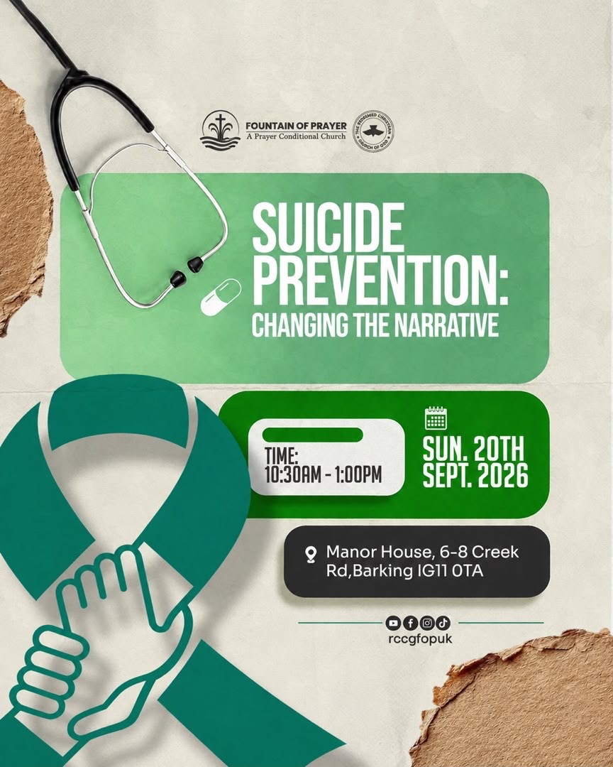 Suicide Prevention: Changing the Narrative flier — Sunday service, 10:30am to 1:00pm, Manor House, 6-8 Creek Road, Barking IG11 0TA